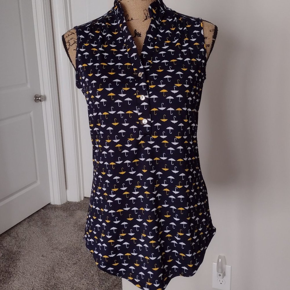 PerSeption Concept Women's Navy Umbrella Design Sleeveless 1/2 Button Bl…